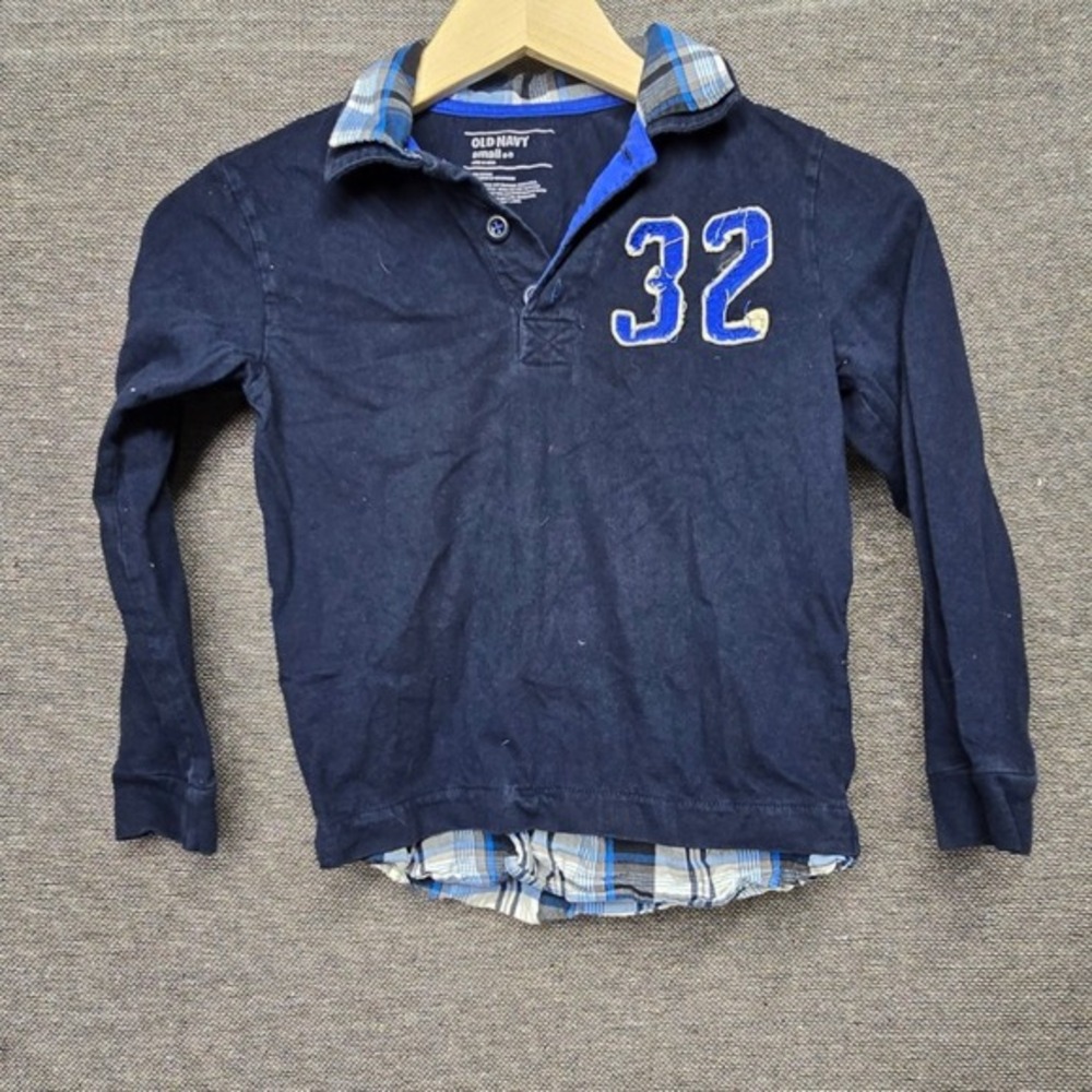Old Navy Boys Navy Layered Look Long‎ Sleeve Polo Shirt Plaid Trim Size S 6-7